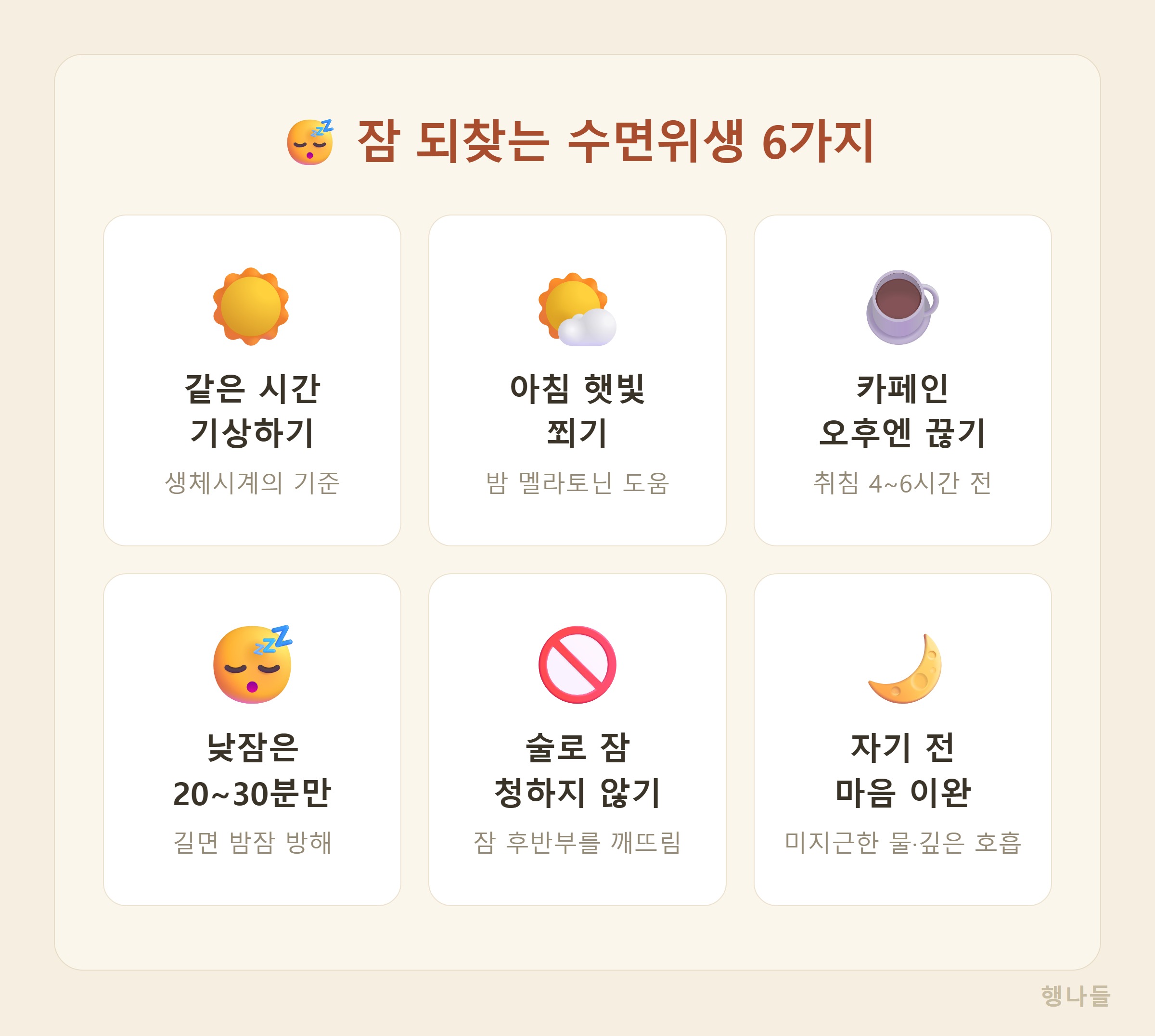 잠 잘 오는 수면위생 7가지 - 규칙적 기상 아침햇빛 카페인 오후컷 낮잠20분 알코올주의 잠자리는수면만 이완호흡
