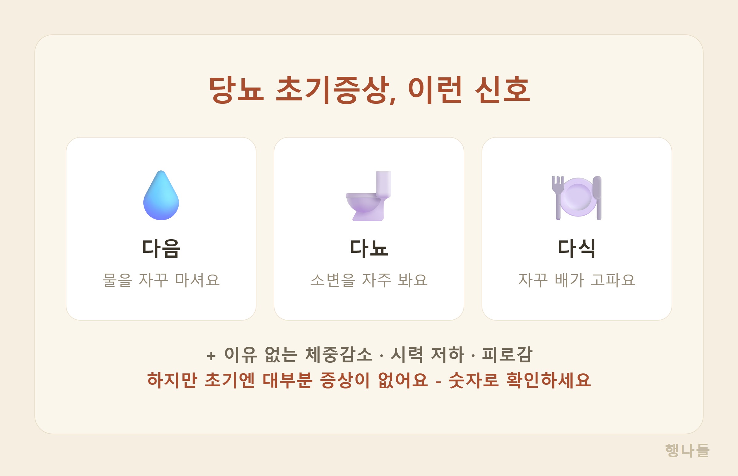 당뇨 초기증상 3대 신호 - 다음 물 많이 다뇨 소변 자주 다식 배고픔 체중감소 시력저하 피로